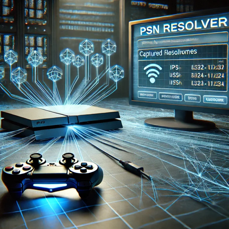 DALL·E 2024-09-25 01.45.08 - A conceptual illustration of a PSN Resolver tool in action. Show a gaming console like a PlayStation connected to a network, with digital lines repres