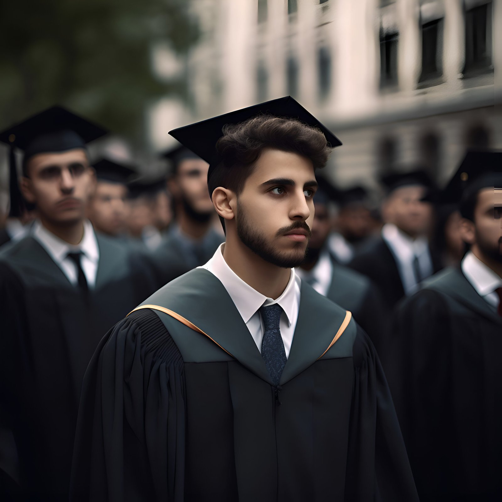 young man in academic gown standing in front of the group of gra